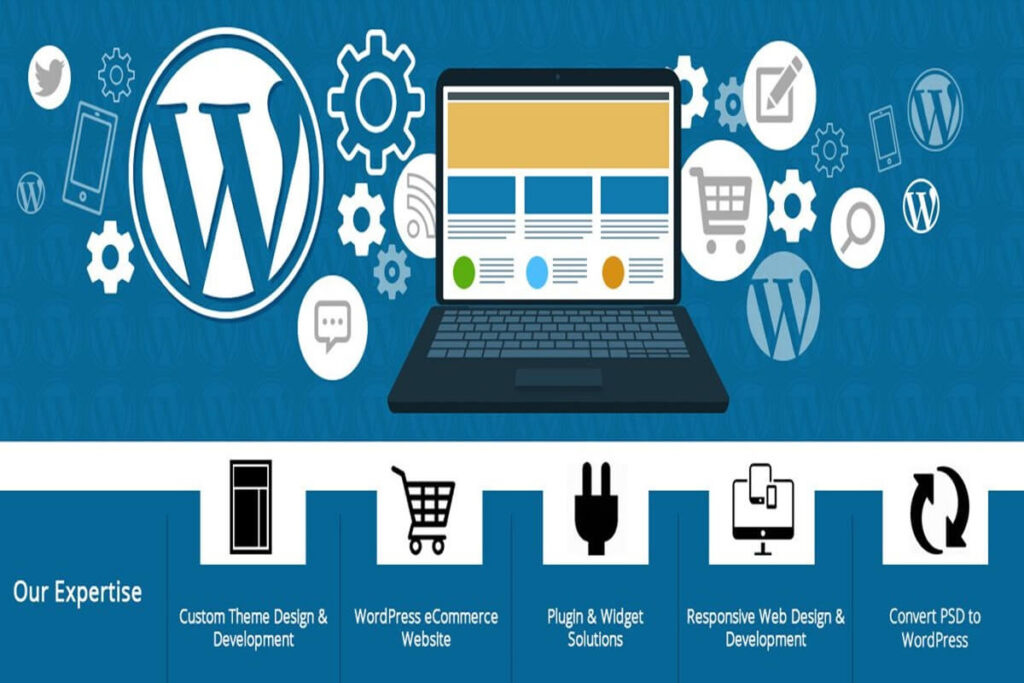 imagem sobre criação de sites em WordPress contendo um computador e vários símbolos de uma loja virtual