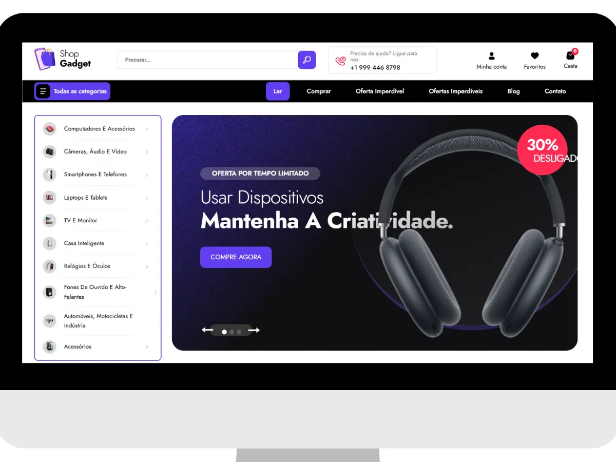 Criação de Loja Virtual em Goiânia 3 Exemplo de design para e-commerce de eletrônicos e tecnologia com fundo escuro, ideal para destacar produtos high-tech.