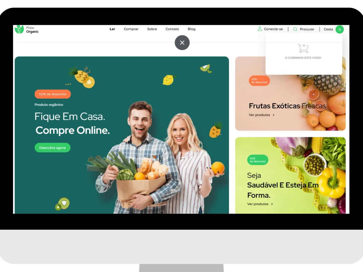Criação de Loja Virtual em Goiânia 4 Mockup de loja virtual para delivery de alimentos e produtos naturais, com design limpo e foco em fotografia de produto.